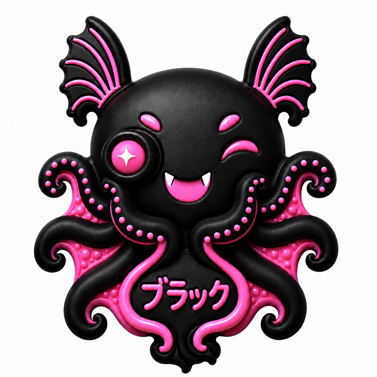 Burakku, a black and neon-pink telescopefish and vampire squid hybrid